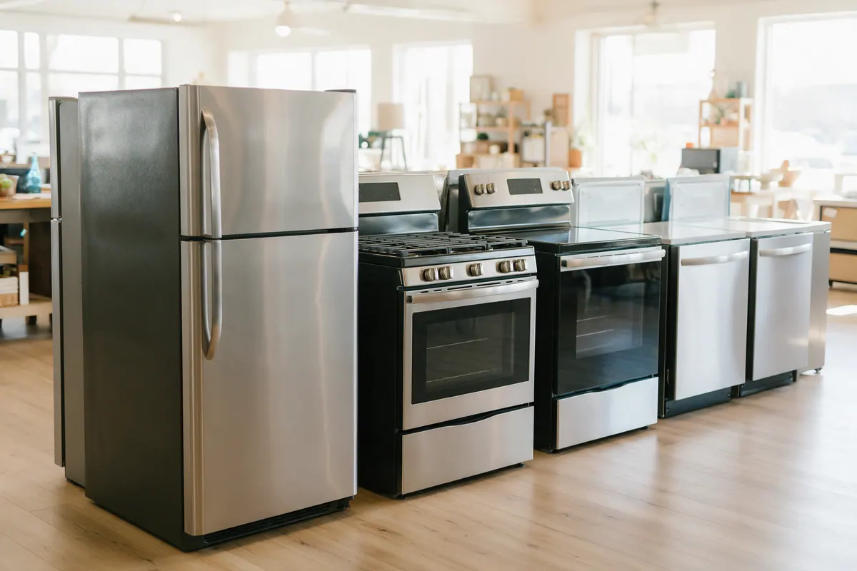 A bright appliance showroom with a row of new stainless steel refrigerators, ranges and dishwashers on a light wood floor.