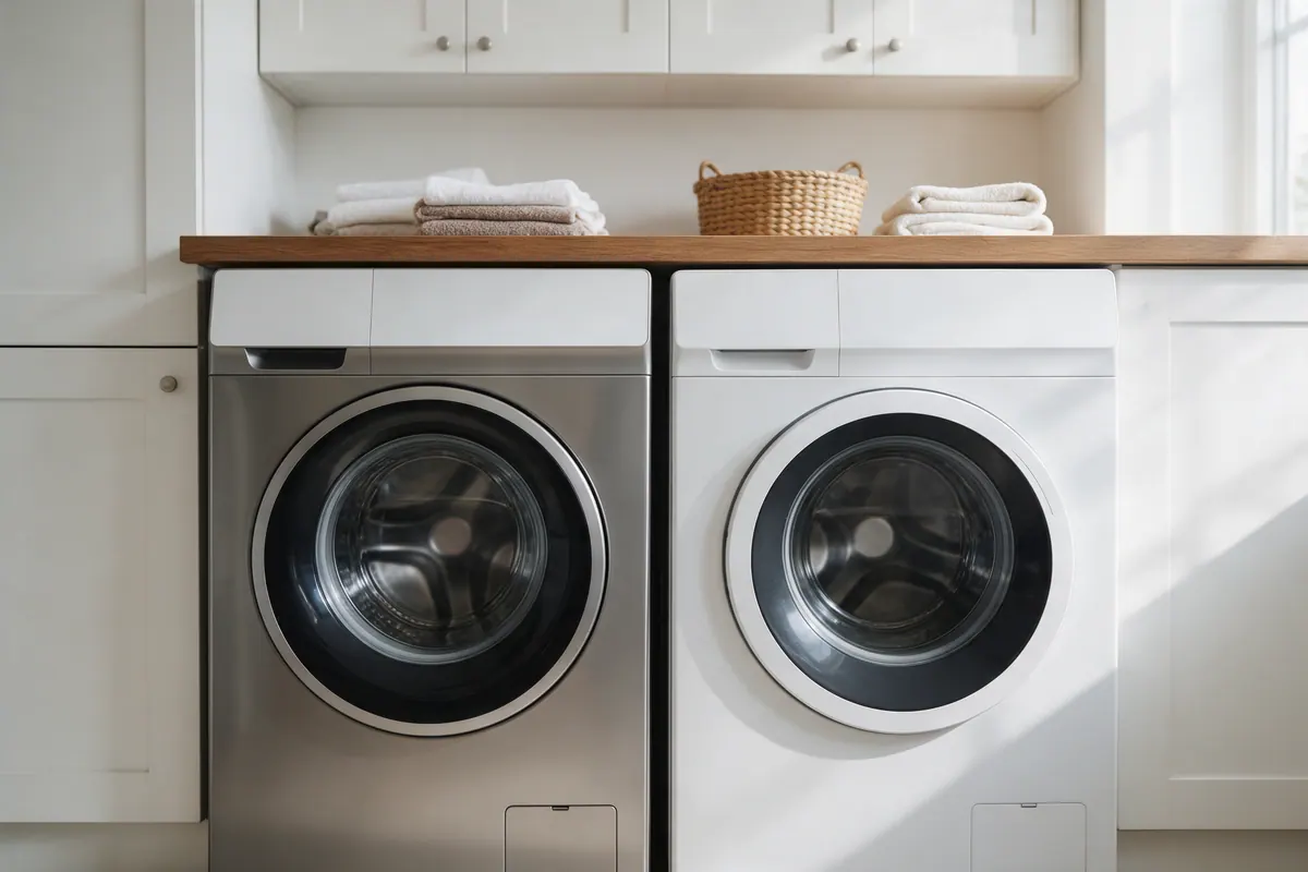 Two front-load washing machines, one stainless and one white, side by side under a wood counter in a bright laundry room.