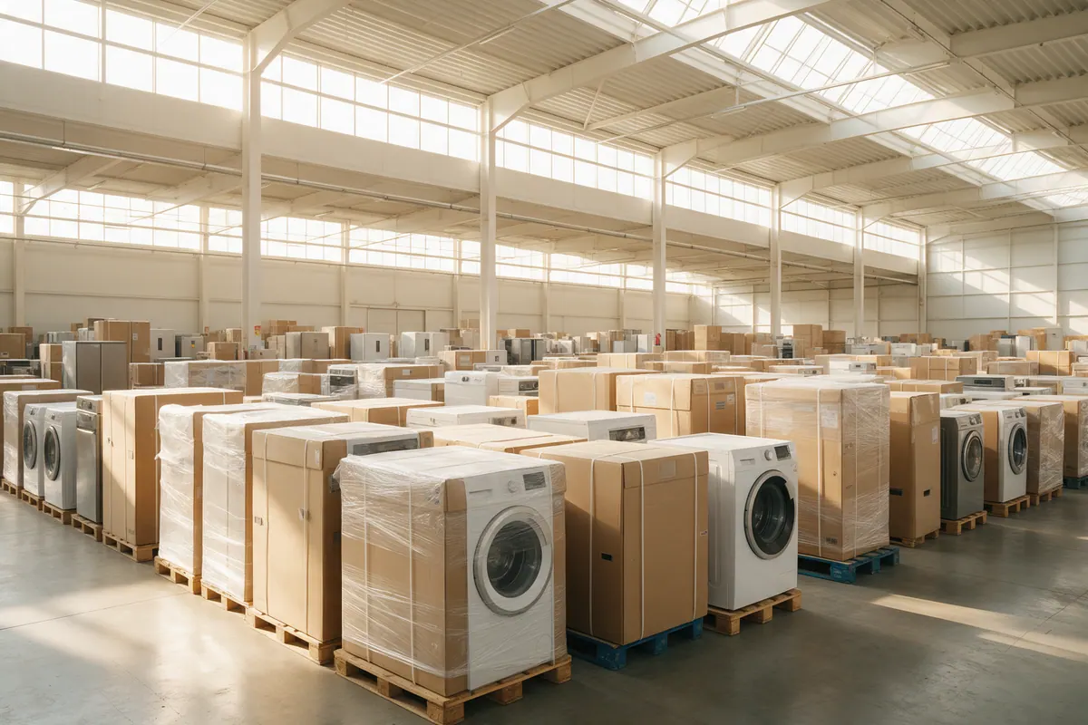 Rows of new home appliances wrapped in plain cardboard on pallets in a bright, skylit warehouse.
