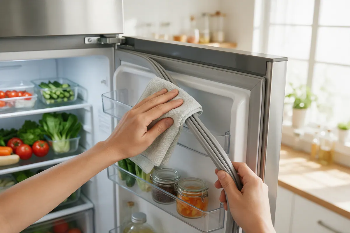 Hands wiping the door gasket of an open, well-stocked stainless steel refrigerator with a microfiber cloth.