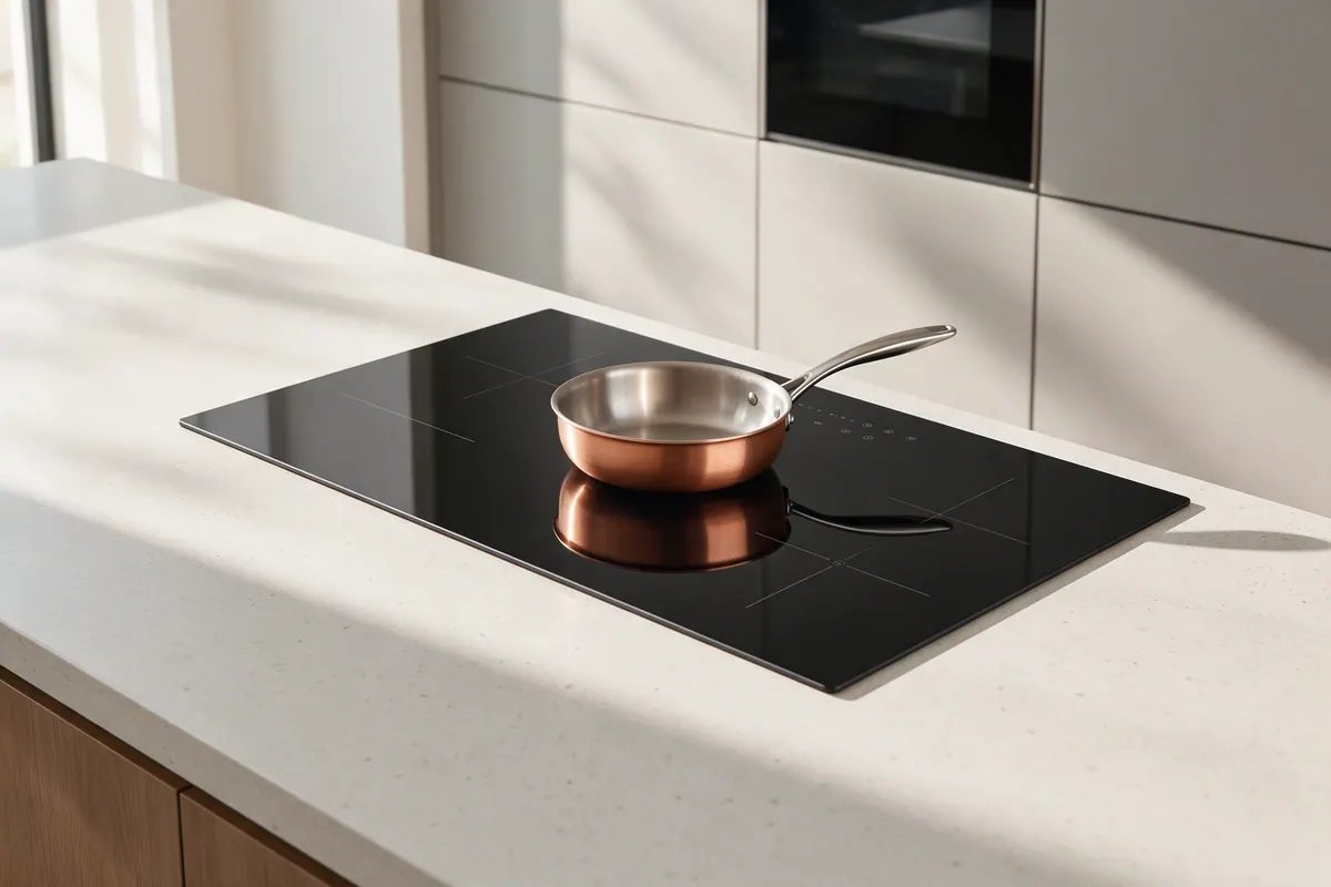 A new black glass induction cooktop with a copper pan set into a light quartz kitchen island.