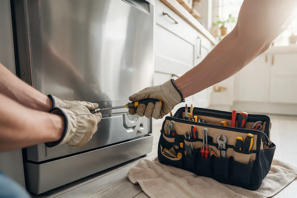 Gloved hands using a screwdriver on the lower panel of a stainless steel dishwasher, with a tool bag on a towel nearby.