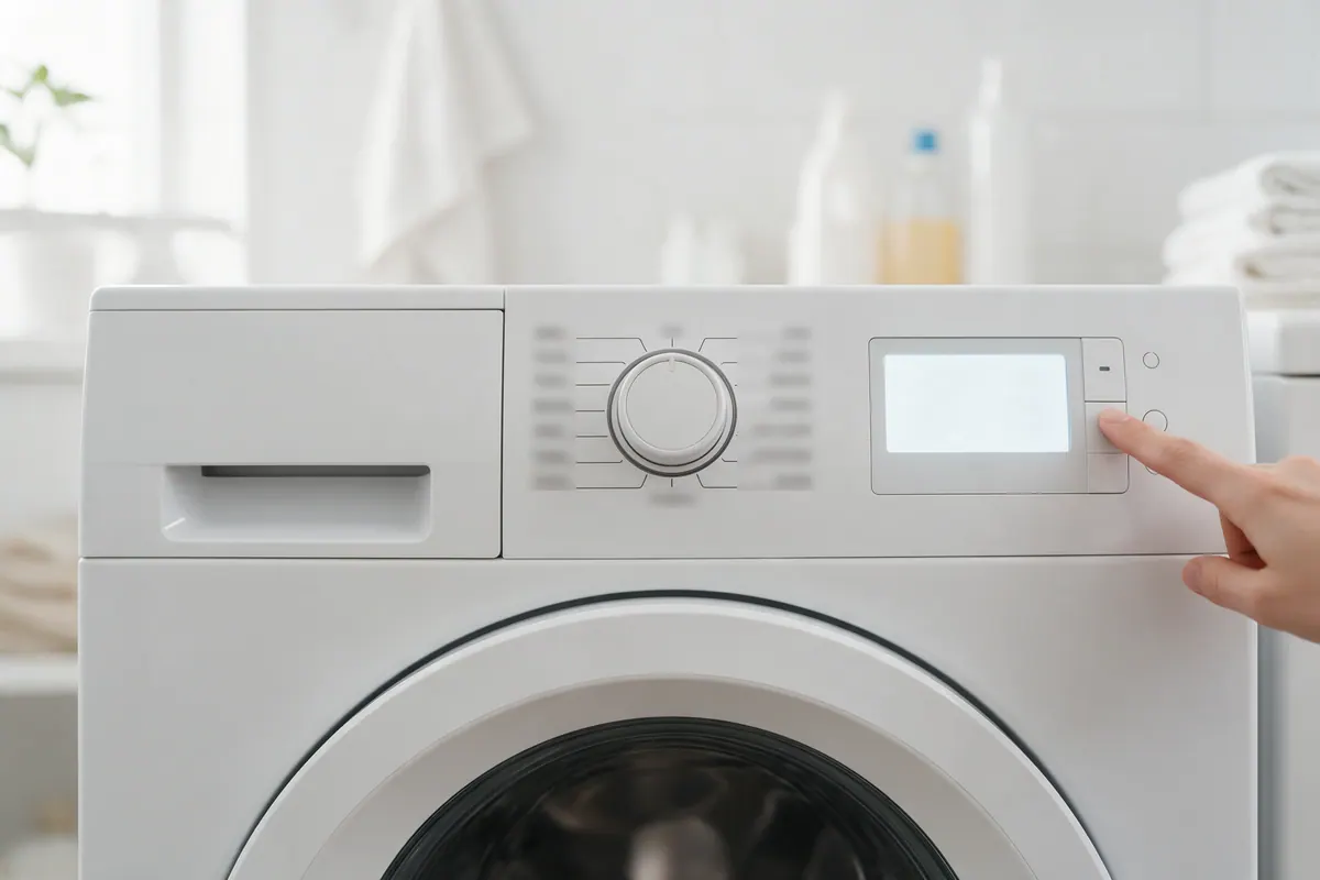 A finger about to press a button beside the glowing display of a white front-load washer control panel.