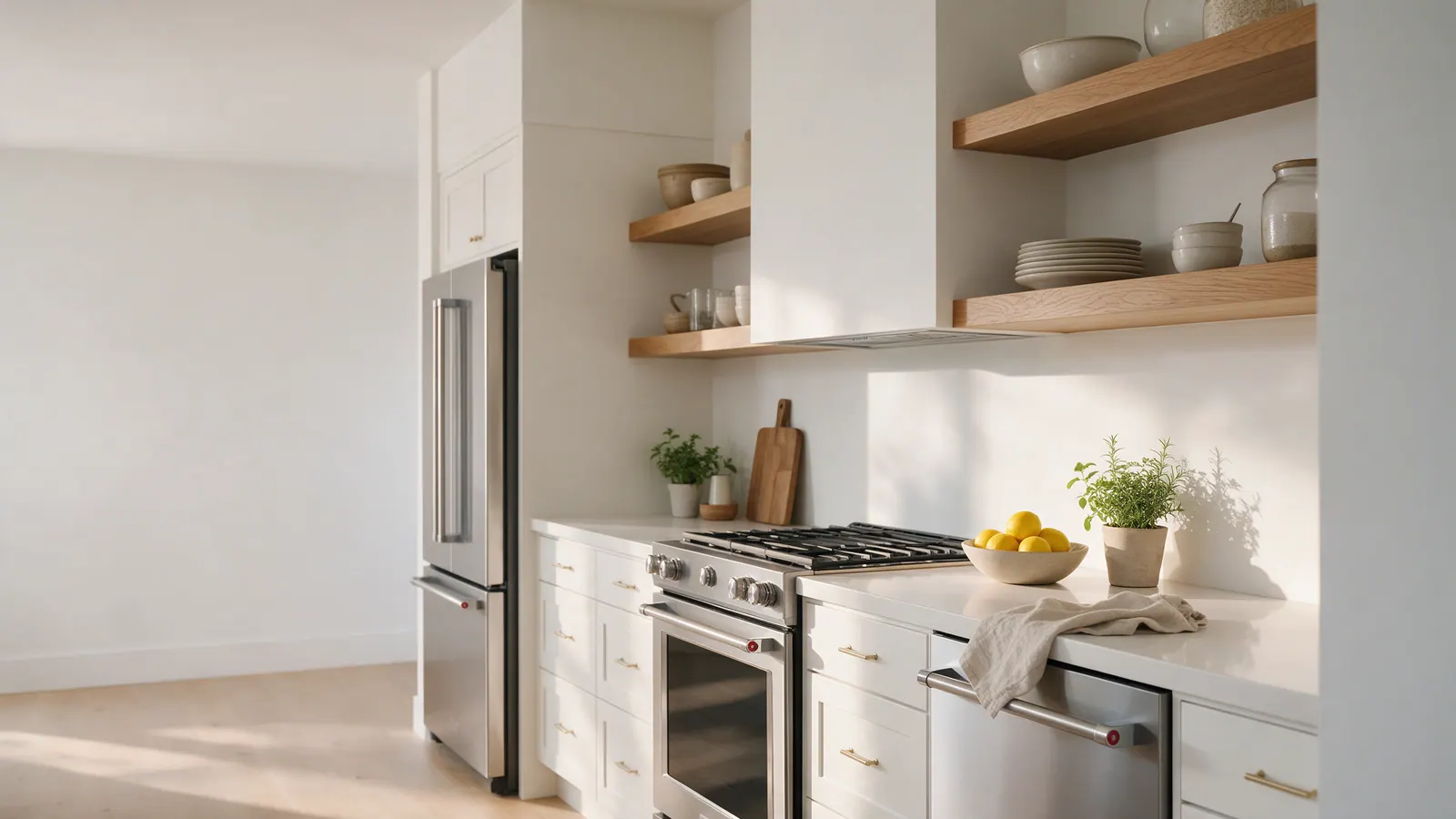 A bright, modern kitchen in morning light with a stainless steel French-door refrigerator, wall oven, range, and dishwasher beside warm oak shelving.