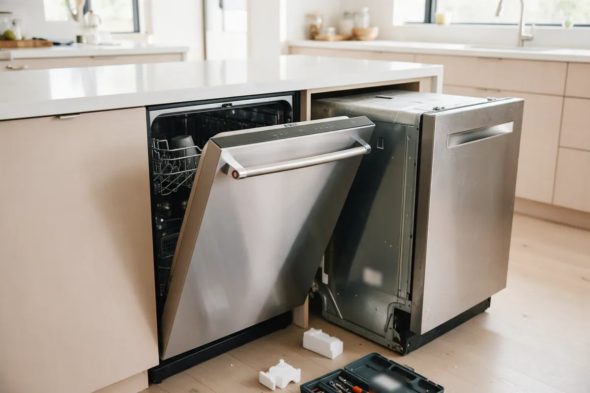 A new stainless steel dishwasher being installed under a quartz counter, with the old unit pulled out beside it and a toolbox on the floor.