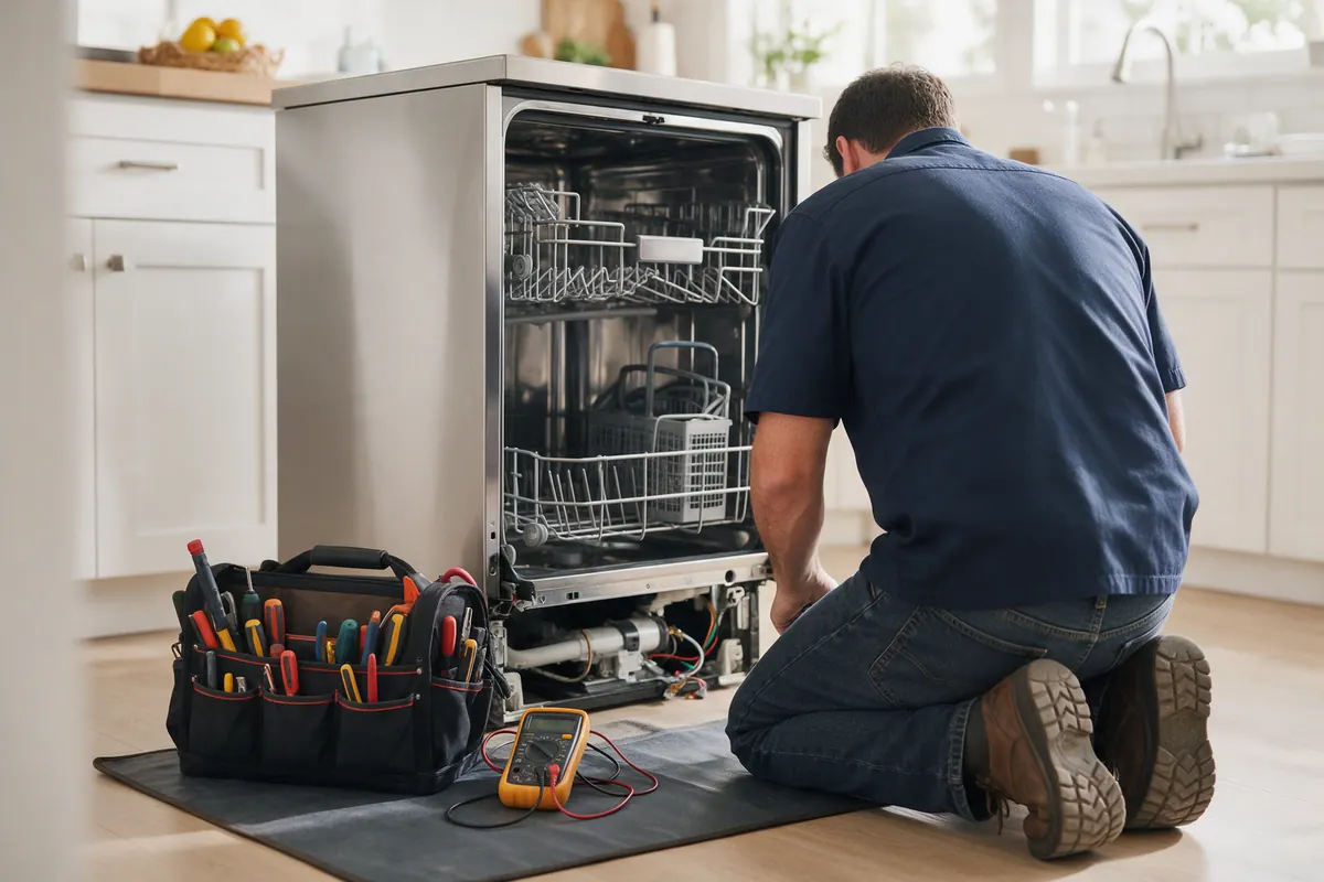 An appliance technician, seen from behind, kneeling at an open stainless steel dishwasher with a tool bag and multimeter on a mat.