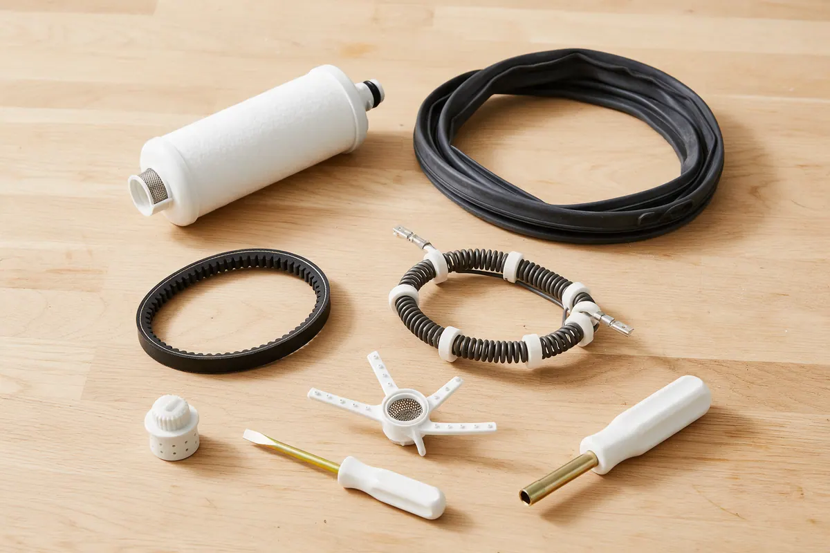 Common appliance replacement parts laid out on a light oak workbench: a water filter, door gasket, dryer belt, oven element, spray arm, and screwdrivers.