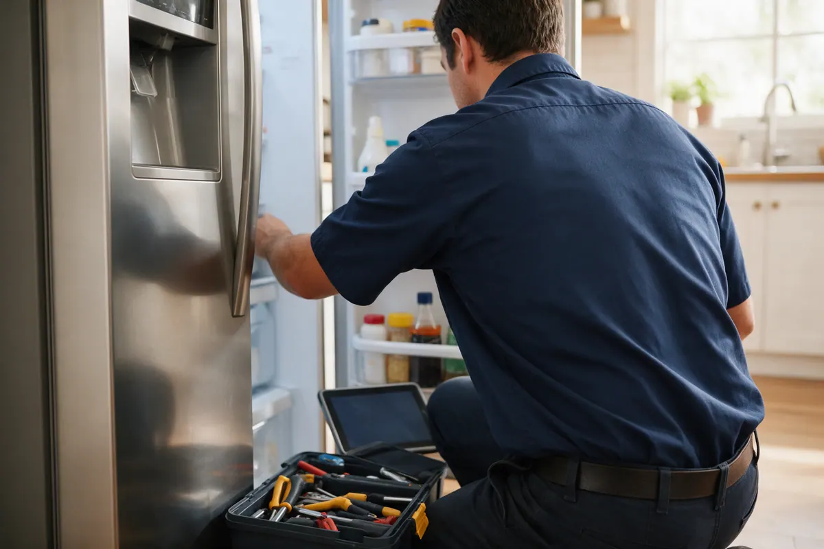 An appliance technician kneeling beside an open stainless steel refrigerator with a toolbox in a bright home kitchen.