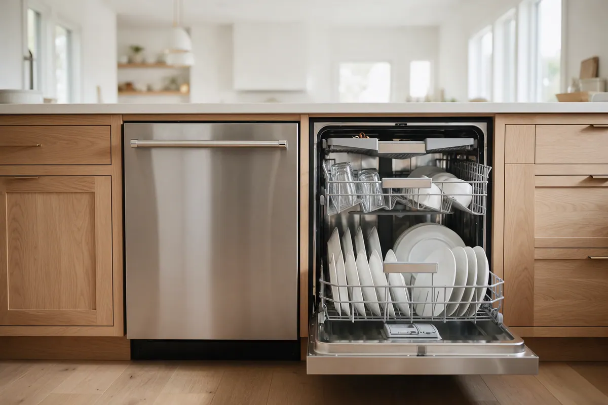 Two stainless steel dishwashers under a quartz counter with oak cabinets, one open with plates and glasses loaded in the racks.