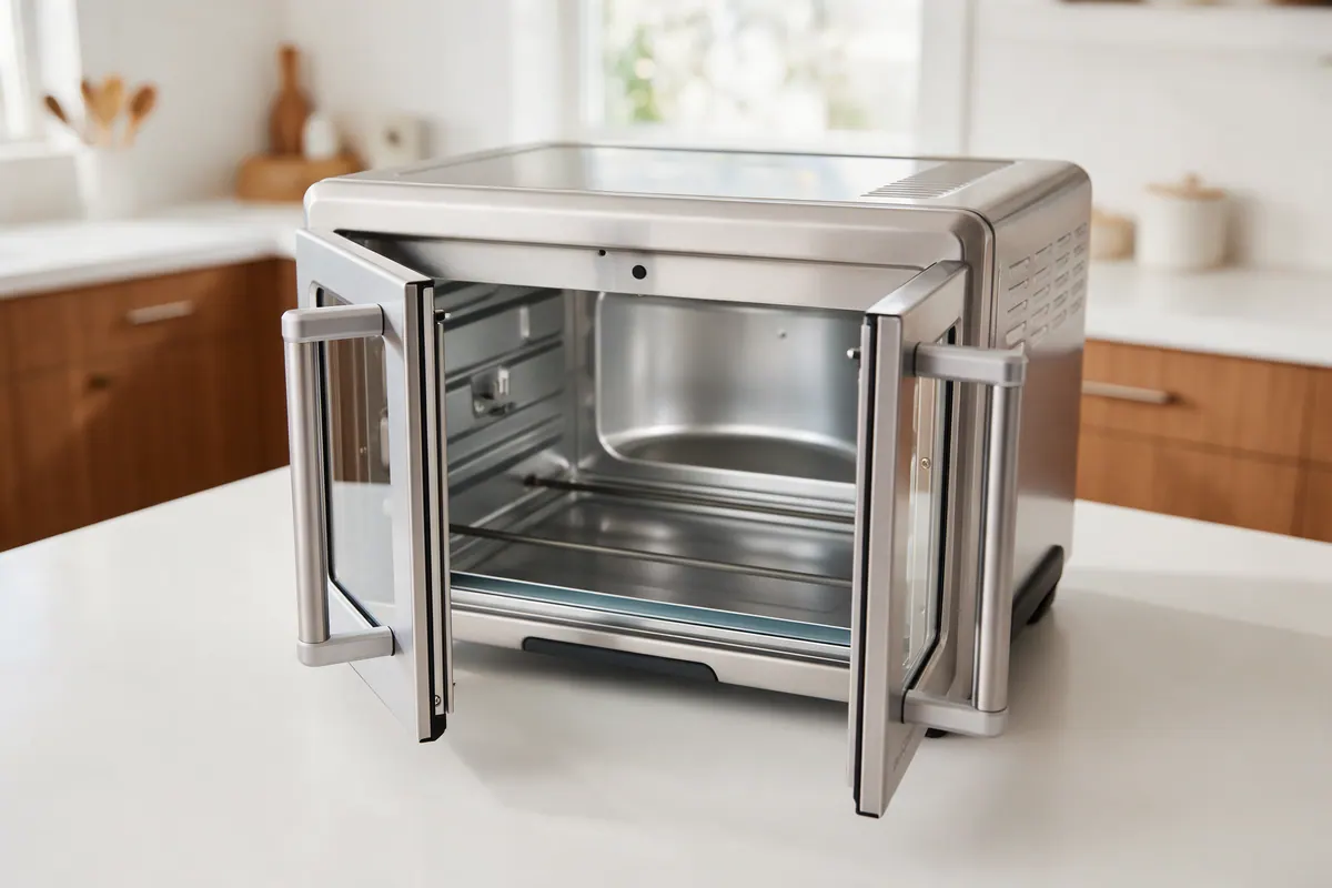 Stainless steel French-door countertop toaster oven with both doors open on a bright kitchen counter