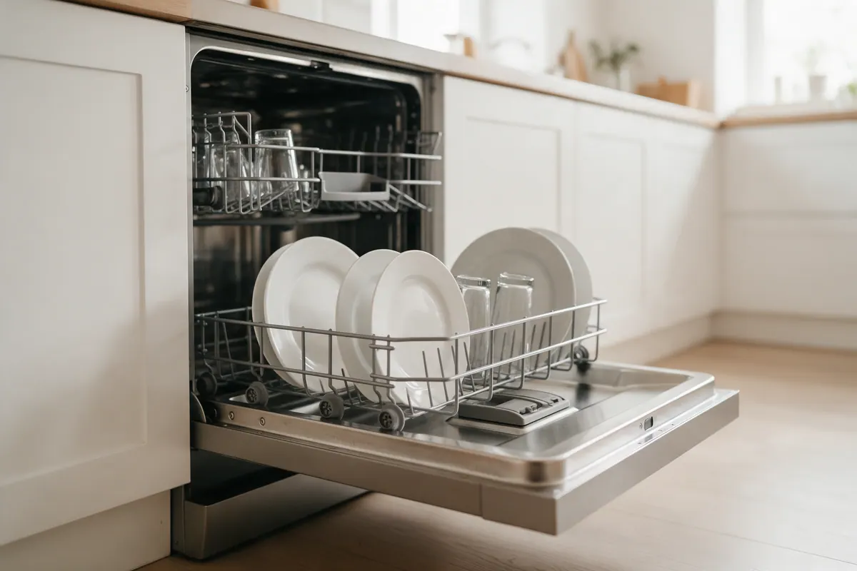Open stainless steel dishwasher in a bright kitchen with the bottom rack pulled out holding clean white plates and clear glasses.