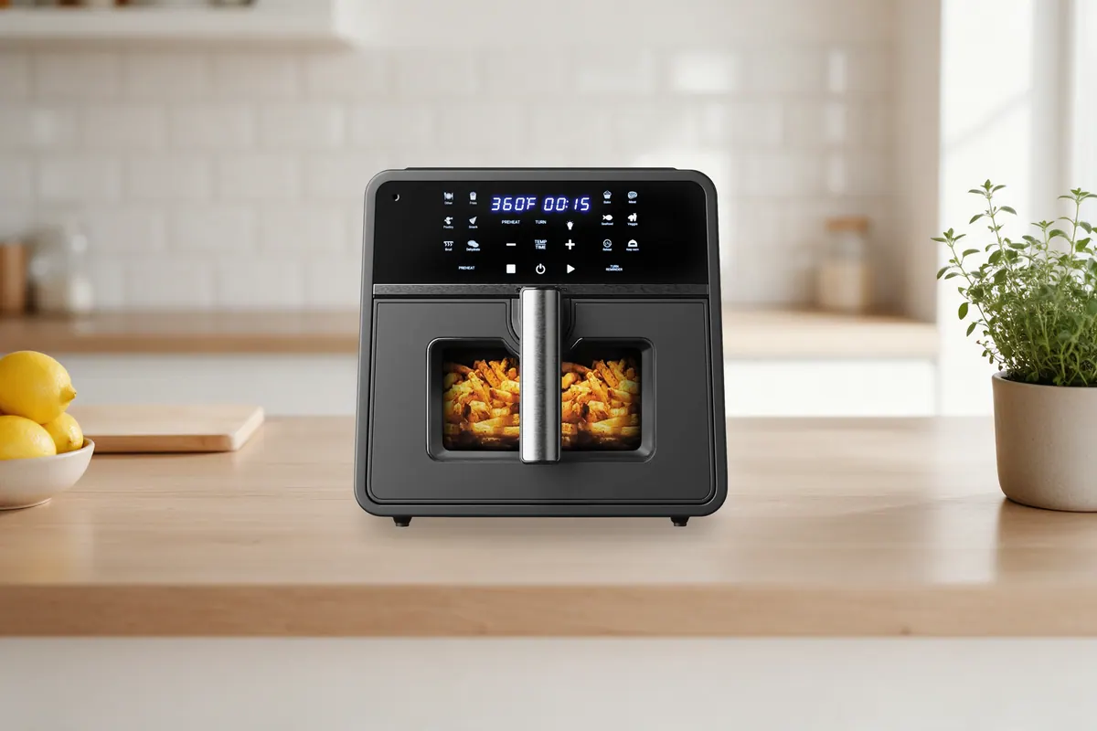 Emerson SmartVoice 10-quart air fryer with a window basket on a light wood kitchen counter