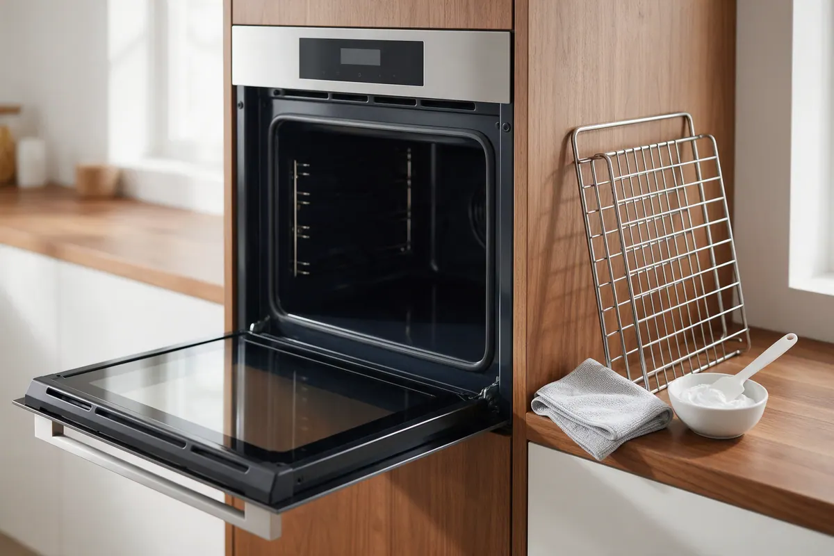 Empty built-in wall oven with its door open in a bright kitchen, a wire rack, folded cloth, and bowl of baking soda paste on the counter beside it.