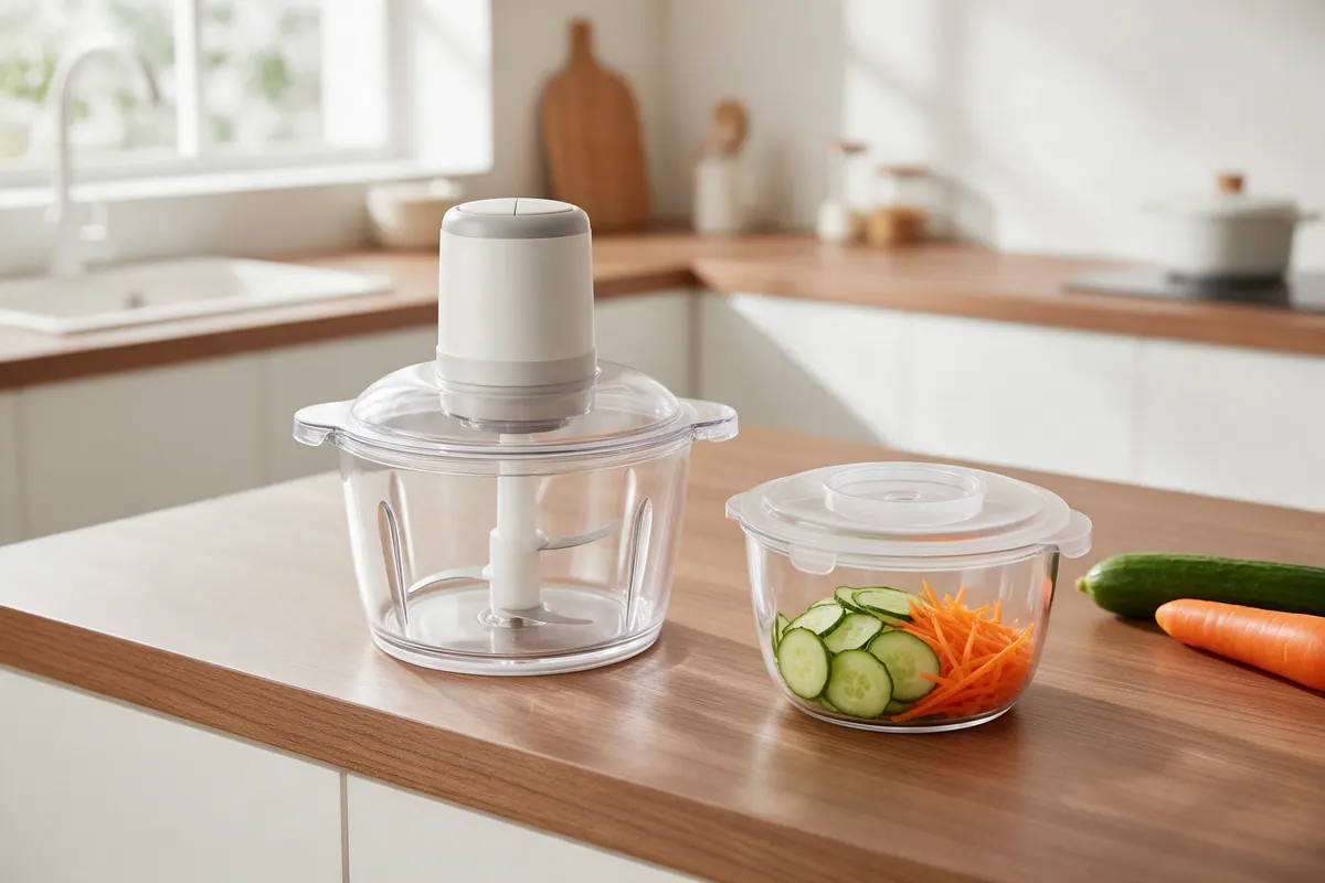 Compact food processor with a top-mounted motor beside a lidded bowl of sliced cucumbers and shredded carrots on a wood counter