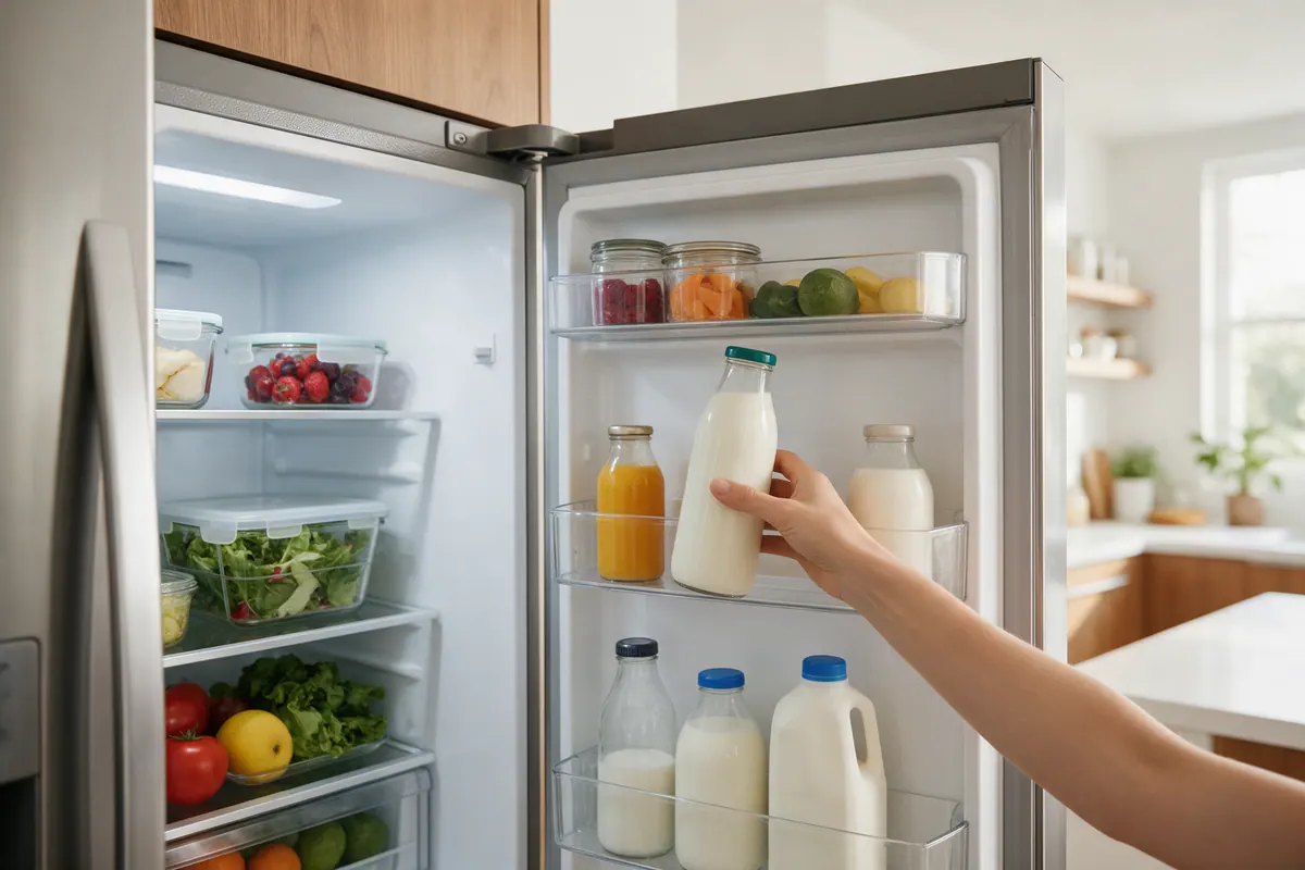 Open refrigerator in a bright kitchen with food in glass containers on the shelves and a hand taking a bottle of milk from a door bin.